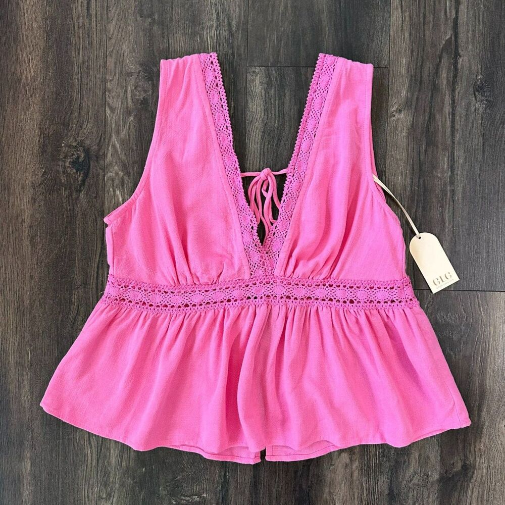 NWT Good Luck Gem Pink Peplum Pink Tank Top Linen Shirt Tie Back Lace Trim Large